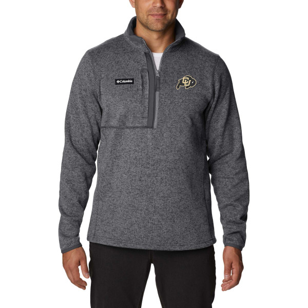All gray heather frontside of a Columbia half zip fleece pullover with two side pockets, one right chest pocket, and CU buffalo logo.